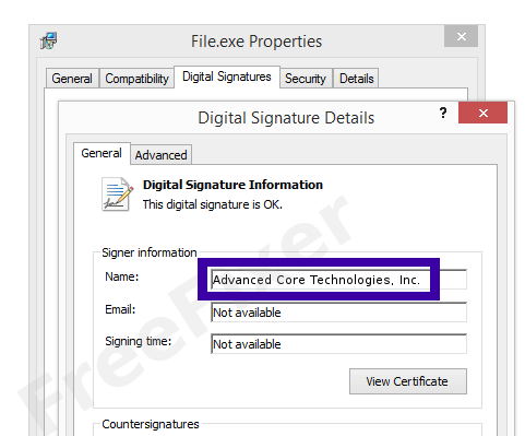 Screenshot of the Advanced Core Technologies, Inc. certificate